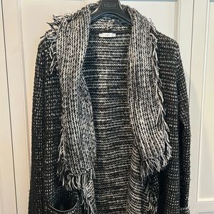 Vince Women's Medium  Black Wool Lamb Leather Boucle Knit Cardigan Sweater Coat